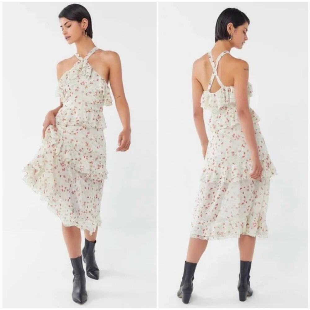 NWT Urban Outfitters Sacramento Tiered Ruffle Halter Midi Dress Floral Boho - Picture 1 of 13